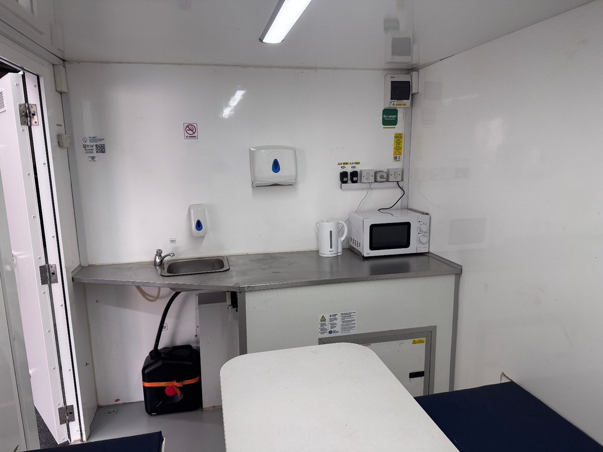 Canteen inside the BOXD 12ft welfare unit with worktop, sink, kettle and microwave