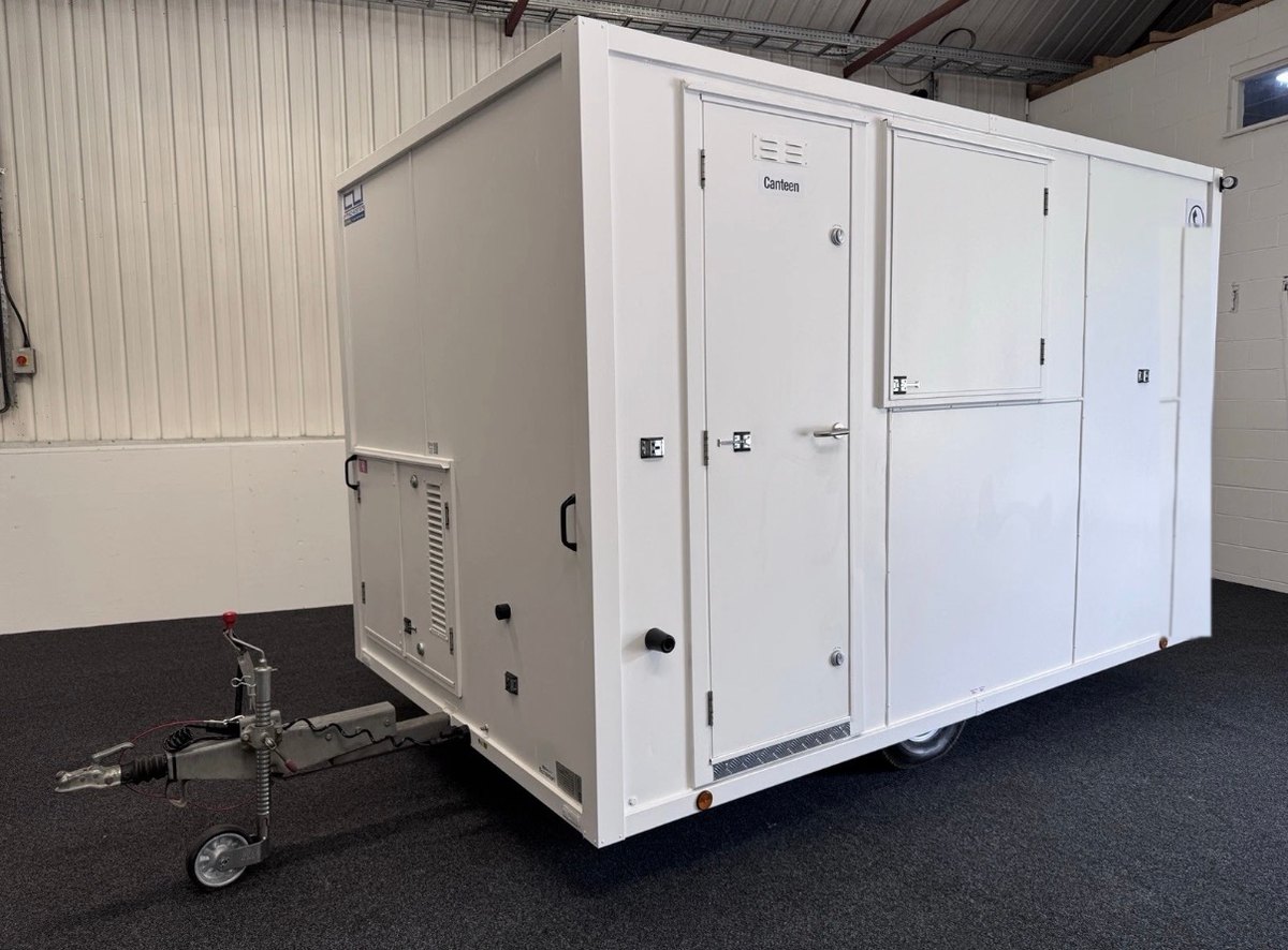 BOXD 12ft towable eco welfare unit with tow hitch, canteen door and serving hatch