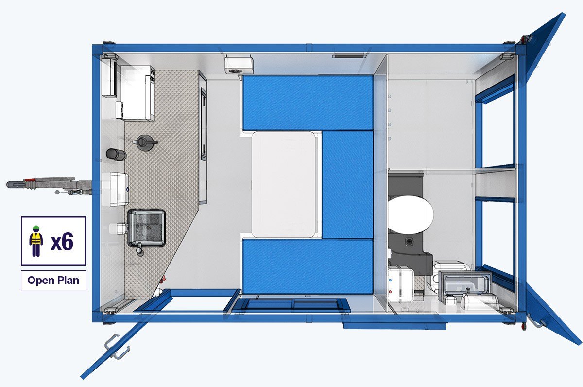Floor plan of the BOXD 12ft welfare unit open plan layout for 6 people