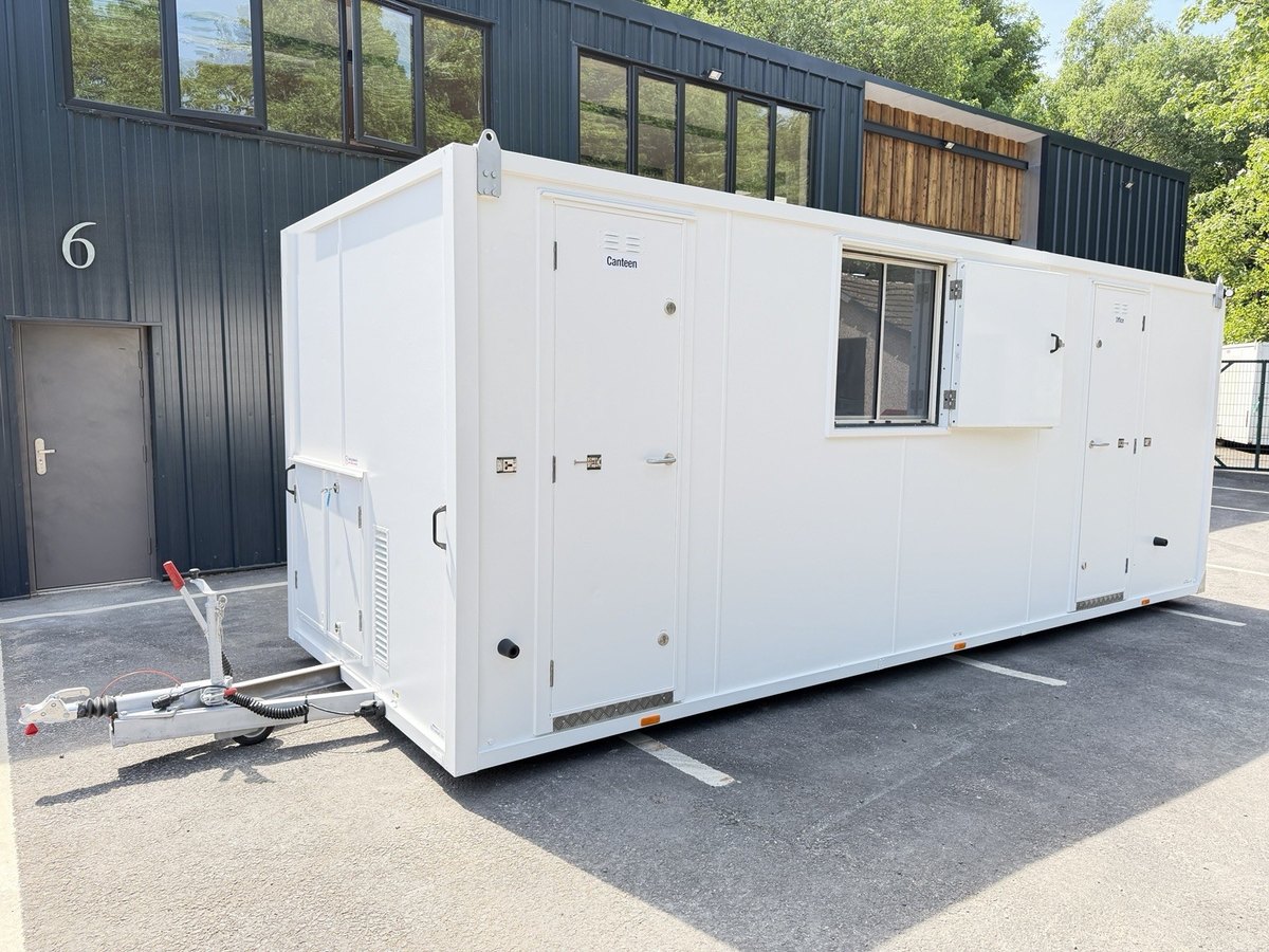 BOXD 20ft towable eco welfare unit with canteen and office doors and tow hitch
