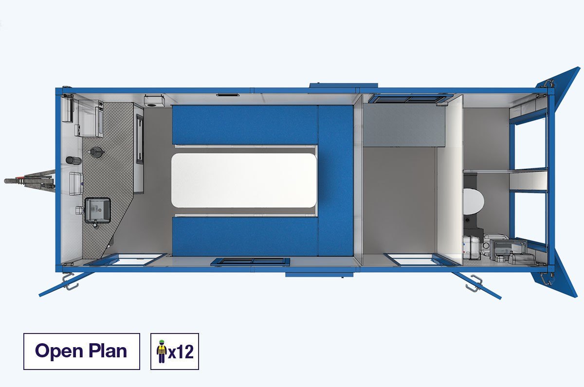 Floor plan of the BOXD 20ft welfare unit open plan layout for 12 people
