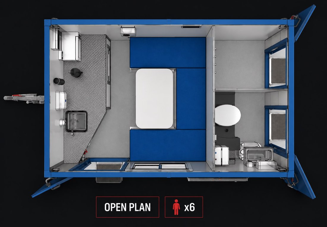 Top-down floor plan of the BOXD towable welfare unit open plan layout for 6 people, showing seating and table, kitchen worktop with kettle and sink, separate toilet with hand wash and drying storage room